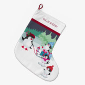 クリスマスのプレゼント満載のソリ付きペンギン ラージクリスマスストッキング (正面 (吊り時))