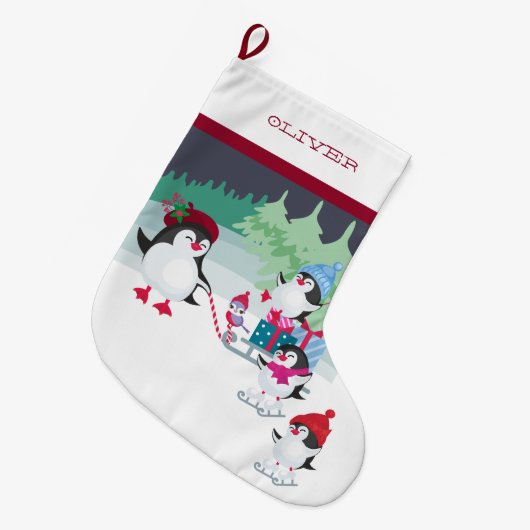 クリスマスのプレゼント満載のソリ付きペンギン ラージクリスマスストッキング (正面 (吊り時))