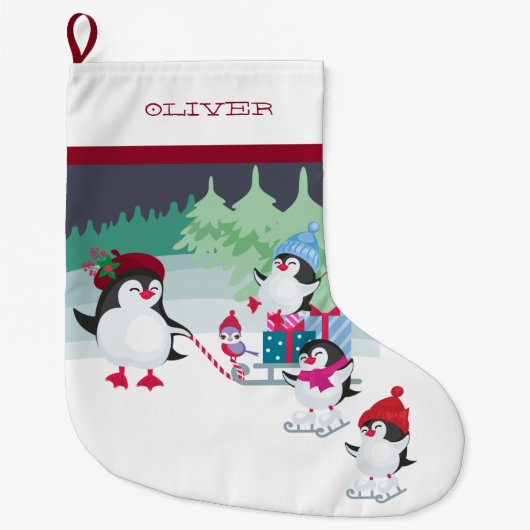 クリスマスのプレゼント満載のソリ付きペンギン ラージクリスマスストッキング (正面)