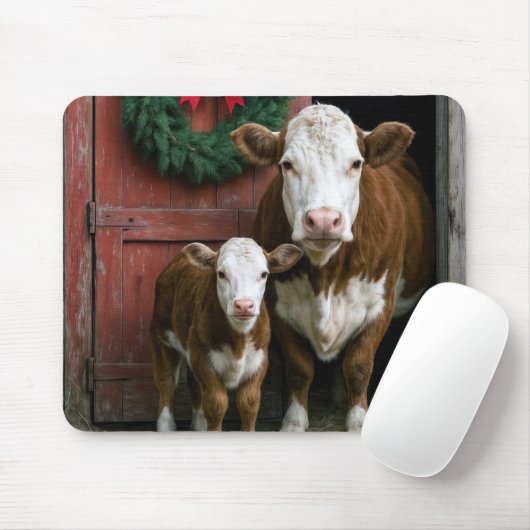 クリスマスのヘレフォード牛と子牛 マウスパッド (マウス)