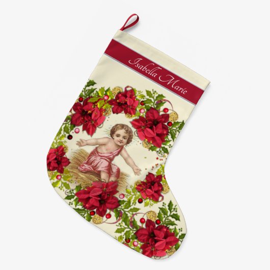 クリスマスのベビーのイエス・キリストPointsettiaのリース ラージクリスマスストッキング (正面 (吊り時))
