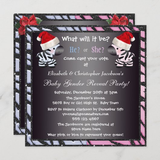 クリスマスのベビーの性はシマウマ及びアニマルプリントを明らかにします 招待状 (正面/裏面)