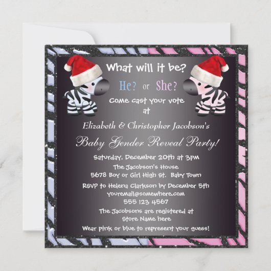 クリスマスのベビーの性はシマウマ及びアニマルプリントを明らかにします 招待状 (正面)