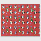 クリスマスのペンギンおよび雪片のギフト用包装紙 ラッピングペーパー (フラット)