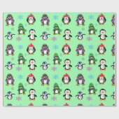 クリスマスのペンギンおよび雪片のギフト用包装紙 ラッピングペーパー (フラット)