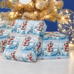 クリスマスのペンギンと雪の結晶 ラッピングペーパー