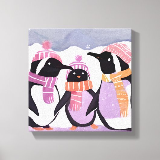 クリスマスのペンギンの友達 | 冬の水彩画 キャンバスプリント (正面)
