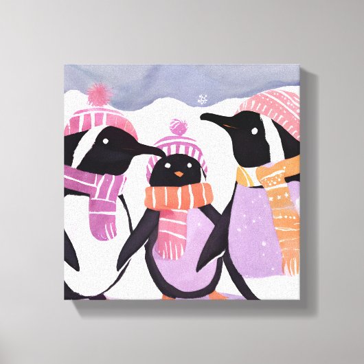 クリスマスのペンギンの友達 | 冬の水彩画 キャンバスプリント (正面)