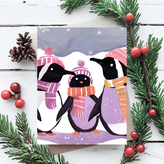 クリスマスのペンギンの友達 | 冬の水彩画 シーズンカード