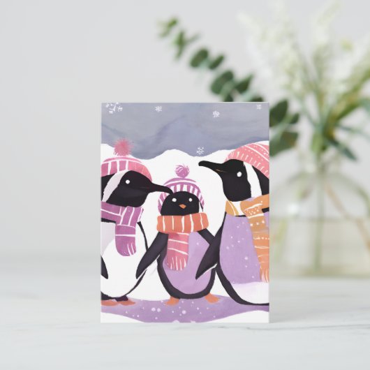 クリスマスのペンギンの友達 | 冬の水彩画 ポストカード (スタンド正面)