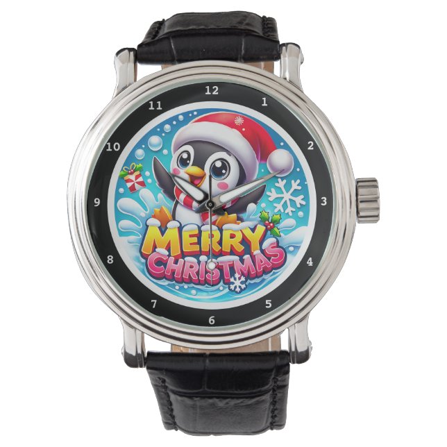 クリスマスのペンギンの水しぶき 腕時計 (正面)