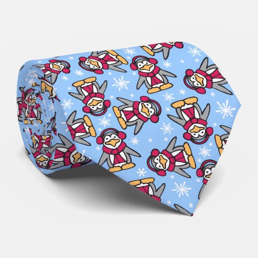 クリスマスのペンギンの鳥の青く白くパターン(の模様が)あるなタイ ネクタイ (ロール)
