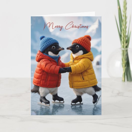 クリスマスのペンギンペア アイススケート カード (正面)