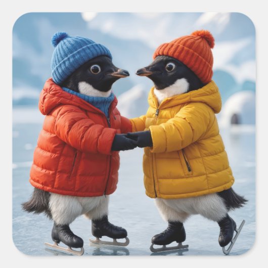 クリスマスのペンギンペア アイススケート スクエアシール (正面)