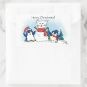 クリスマスのペンギン達が雪の猫を作っています 長方形シール (バッグ)