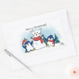 クリスマスのペンギン達が雪の猫を作っています 長方形シール