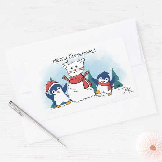 クリスマスのペンギン達が雪の猫を作っています 長方形シール (封筒)
