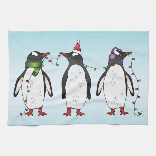 クリスマスのペンギン3羽のイラスト キッチンタオル (横)