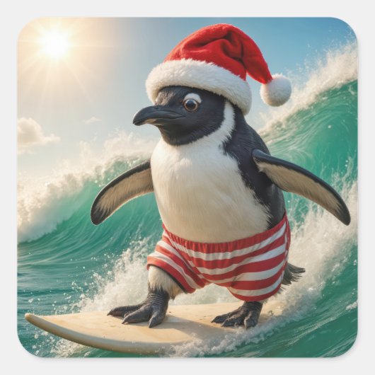 クリスマスのペンギン 波をサーフィン スクエアシール (正面)