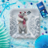 クリスマスのホッキョクグマが雪かき ペーパープレート (パーティー)