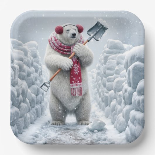 クリスマスのホッキョクグマが雪かき ペーパープレート (正面)