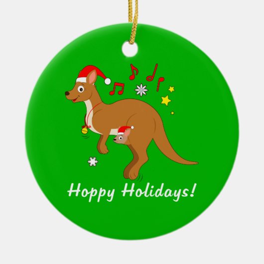 クリスマスのホップの豊富な休日のカンガルーのお母さんそしてJoey セラミックオーナメント (正面)