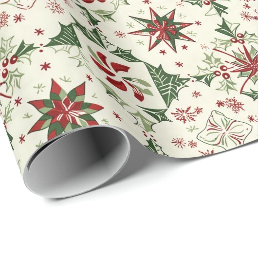 クリスマスのホリー雪の結晶オンクリーム ラッピングペーパー (ロールコーナー)