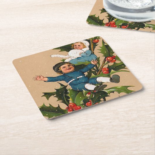 クリスマスのホーリーにいるヴィンテージの子供たち スクエアペーパーコースター (アングル)