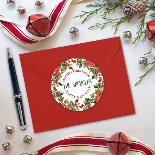 クリスマスのホーリーの葉と実 メリークリスマス ラウンドシール