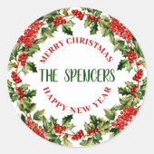 クリスマスのホーリーの葉と実 メリークリスマス ラウンドシール (正面)