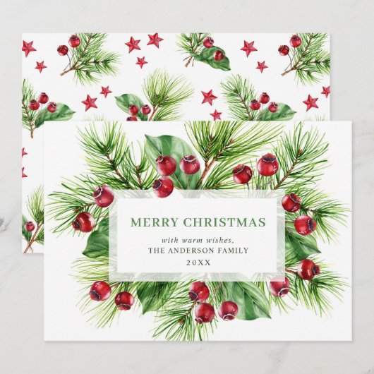 クリスマスのホーリーベリーのフェスティブなグリーティング シーズンカード (正面/裏面)