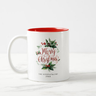 クリスマスのホーリーマグ 水彩 ヴィンテージ ツートーンマグカップ