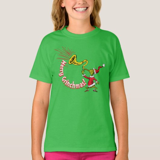 クリスマスのホーンを吹くグリンチ Tシャツ (正面)