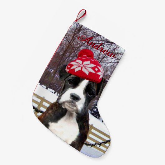 クリスマスのボクサーの子犬 スモールクリスマスストッキング (正面 (吊り時))