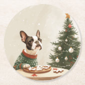 クリスマスのボストンテリアの犬 ラウンドペーパーコースター (正面)