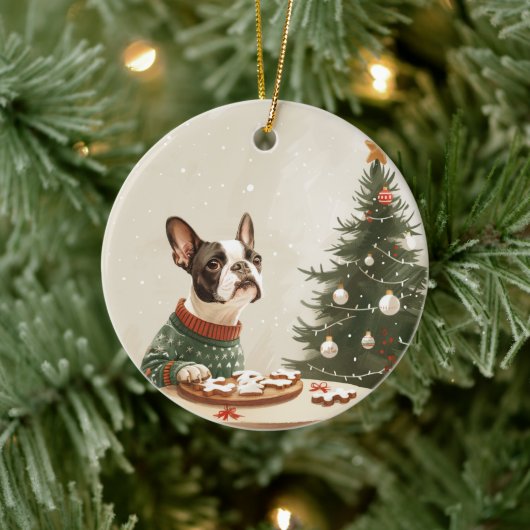 クリスマスのボストンテリア犬 セラミックオーナメント (ツリー)