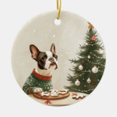 クリスマスのボストンテリア犬 セラミックオーナメント (正面)