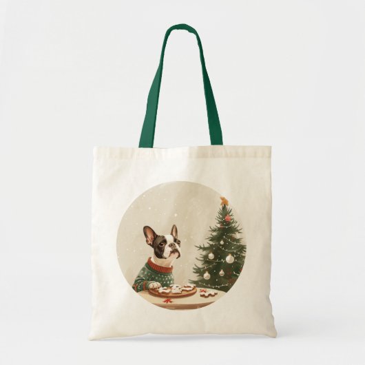 クリスマスのボストンテリア犬 トートバッグ (正面)