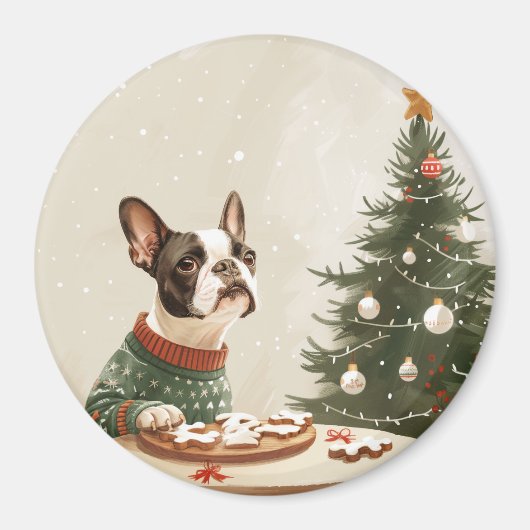 クリスマスのボストンテリア犬 マグネット (正面)