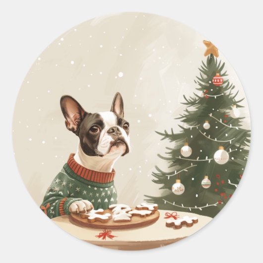 クリスマスのボストンテリア犬 ラウンドシール (正面)