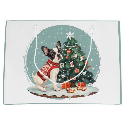 クリスマスのボストンテリア犬 ラージペーパーバッグ (正面)
