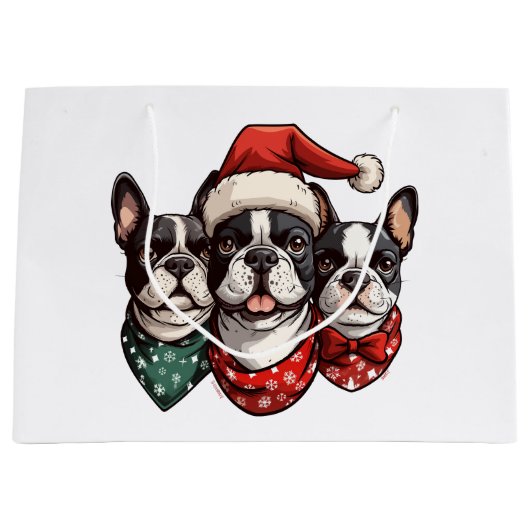 クリスマスのボストンテリア犬 ラージペーパーバッグ (正面)