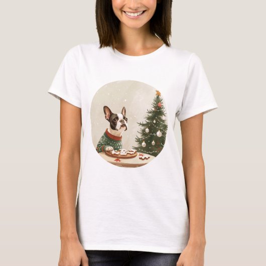 クリスマスのボストンテリア犬 Tシャツ (正面)