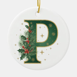クリスマスのボタニカルモノグラム P ホーリー セラミックオーナメント