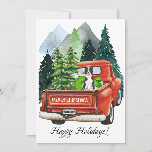クリスマスのボーダーコリーとヴィンテージトラックの水彩画 シーズンカード (正面)