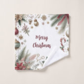 クリスマスのポインセチアとゴールドのスノーフレーク バスタオルセット (ウォッシュタオル)