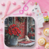 クリスマスのポインセチアと玄関マットに座る白猫 ペーパープレート (パーティー)