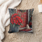 クリスマスのポインセチアと白い猫のドアマット クッション (ブランケット)