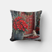 クリスマスのポインセチアと白い猫のドアマット クッション (正面)