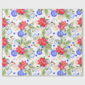 クリスマスのポインセチアのばら色及び青のオーナメント ラッピングペーパー (フラット)